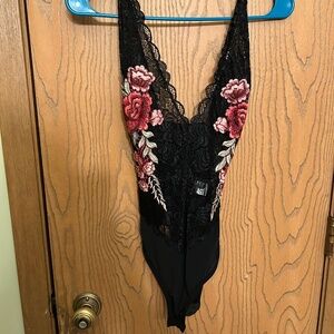 Women's Lace, Black Bodysuit with Floral Print